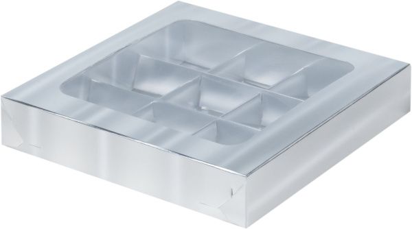 коробка бум. 155х155х30 для 9 конфет серебро матовая с окном