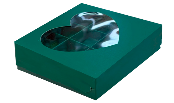 коробка бум. 155х155х30 зеленая прозрачное окно сердце