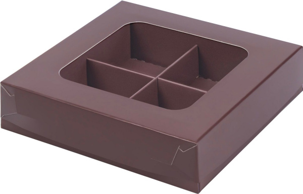 коробка бум. 120х120х30 для 4 конфет шоколад матовая с окном